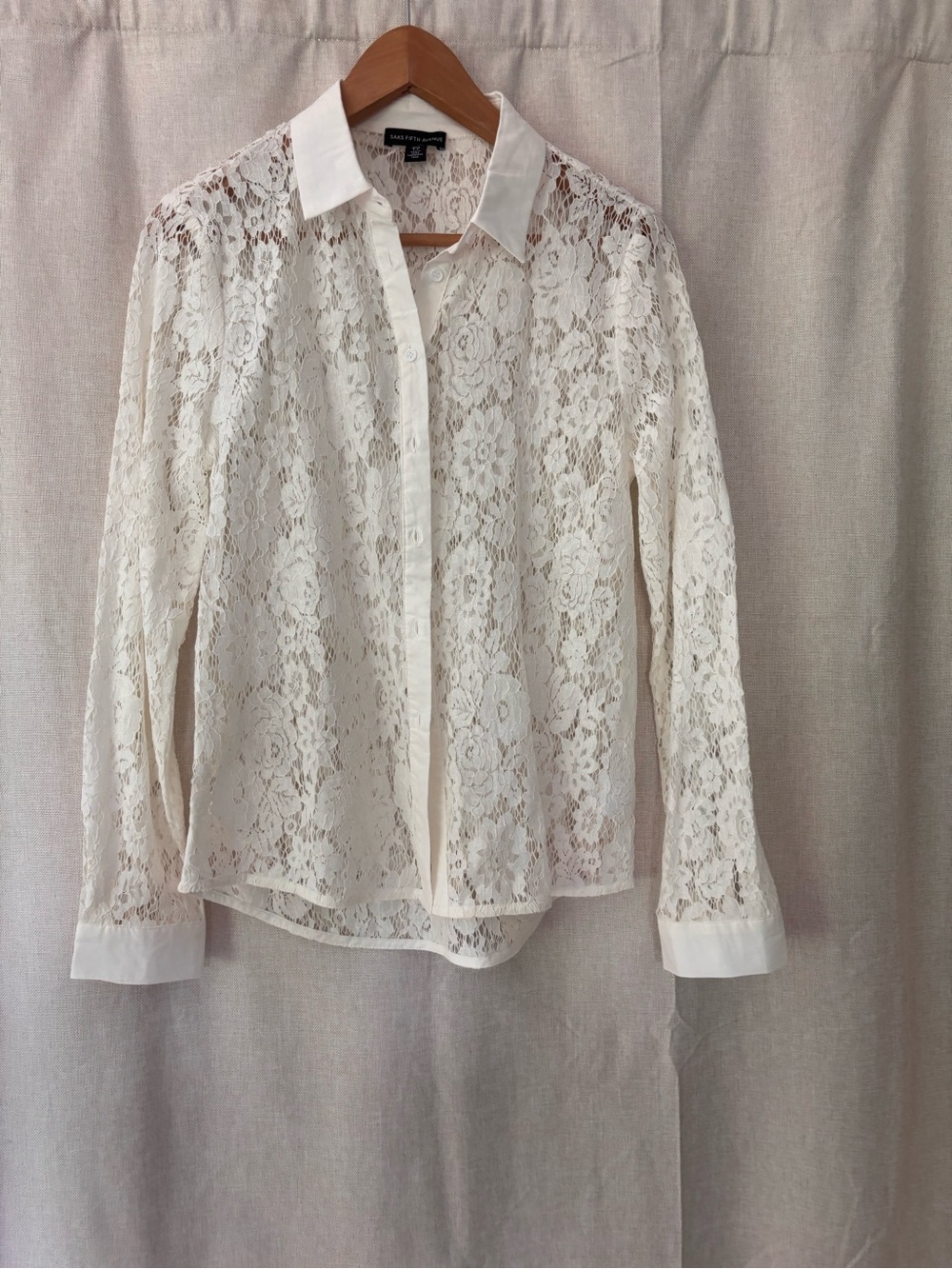 Saks Fifth Avenue White Floral Lace Button Front Blouse Sheer Long Sleeve Size S